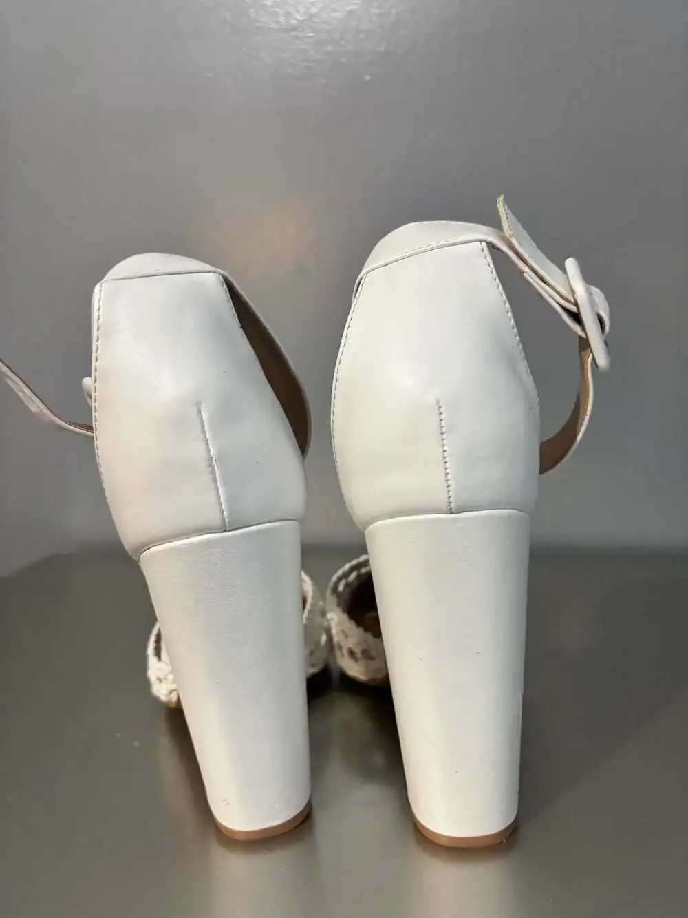 Charlotte Russe White Woven Pointed Toe Ankle Strap Block Heel Pumps 10